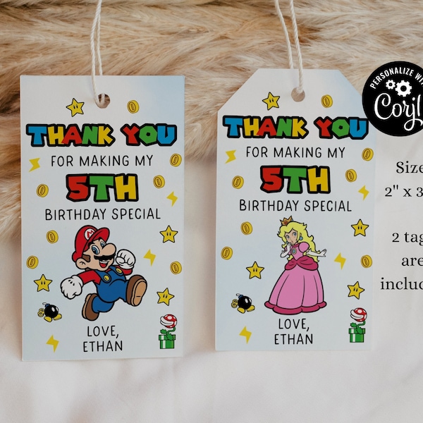 Editable Mario Bros Thank You Tag Super Mario Birthday Gift Tag Super Brothers boy Gift Tags Video Game Kid Tags Template Mario Party SM1