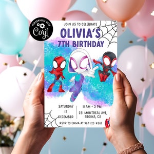 May include: A colourful birthday invitation featuring a cartoon image of Spider-Man, Spider-Gwen, and Miles Morales. The invitation is for Olivia's 7th birthday party and includes the date, time, and location of the event. RSVP information is also included.
