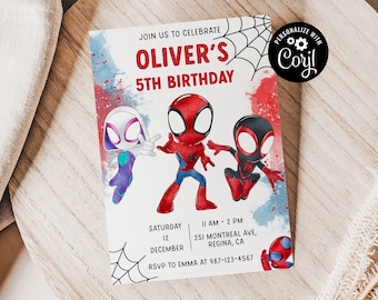 Könnte beinhalten: Eine druckbare Einladung zu einer 5. Geburtstagsfeier mit Spiderman-Thema. Die Einladung hat einen roten, blauen und weißen Aquarellhintergrund mit drei Spiderman-Charakteren. Der Text auf der Einladung lautet "Feiert mit uns Olivers 5. Geburtstag".