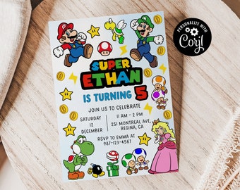 May include: A blue and white invitation card with a Super Mario Bros. theme. The card features characters like Mario, Luigi, Yoshi, and Princess Peach. The text on the card reads "Super Ethan is turning 5." The invitation includes details for a birthday party, including the date, time, and location.