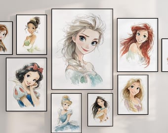Watercolor Set of 10 Princess Wall Art, Princess Art Prints, Princess Wall Decor, Girl Nursery Wall Art