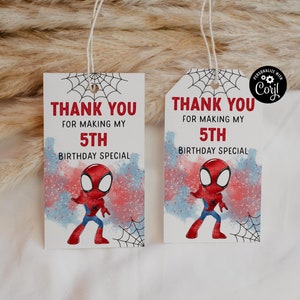 Etiqueta de presente de super-herói editável Etiqueta de festa de aniversário de super-herói Modelo de etiqueta de agradecimento de aniversário do Aranha Download instantâneo Digital sp1