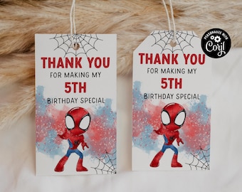 Etiqueta de regalo de superhéroe editable Etiqueta de fiesta de cumpleaños de superhéroe Plantilla de etiqueta de agradecimiento de cumpleaños de Spidey Descarga instantánea Digital sp1