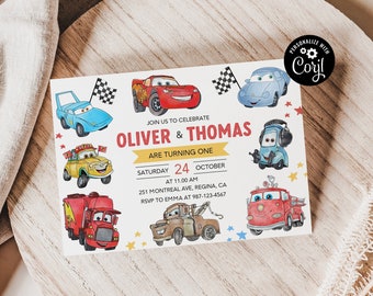 May include: A Cars-themed birthday invitation with a white background and colorful cartoon cars. The invitation reads "Join us to celebrate Oliver & Thomas are turning one. Saturday 24 October at 11:00 AM. 251 Montreal Ave, Regina, CA. RSVP to Emma at 987-123-4567."