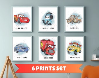 May include: Set of six framed art prints featuring watercolor illustrations of cartoon cars. Each print has a different car and a positive affirmation: Brave, Helpful, Kind, Strong, Smart, and Honest. The prints are displayed in a child's room.
