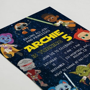 May include: A blue and yellow birthday invitation with a space theme. The invitation says "Calling all Jedi and Princesses Archie is turning 5. Join us to celebrate Saturday, December 12, 11 AM - 2 PM, 251 Montreal Ave, Regina, CA. RSVP to Emma at 987-123-4567."