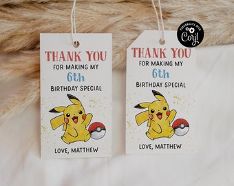 Etiqueta de regalo de Pikachu editable Etiqueta de agradecimiento de Pokemon Descarga instantánea Plantilla de etiqueta de favor de Pikachu Etiqueta de cumpleaños para niños