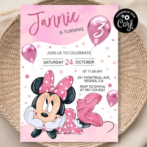 Könnte beinhalten: Rosa-weiße Geburtstagseinladung mit einem Cartoon-Bild von Minnie Mouse. Die Einladung lautet "Jannie wird 3" und enthält das Datum "Samstag, 24. Oktober" und die Uhrzeit "11:00 Uhr".