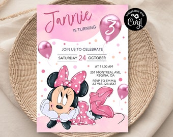 May include: Pink and white birthday invitation with a cartoon image of Minnie Mouse. The invitation says "Jannie is turning 3" and includes the date "Saturday 24 October" and time "11:00 AM".