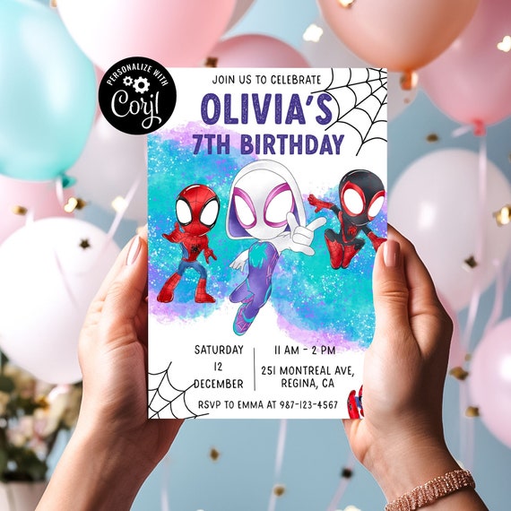 Spidey and Friends Birthday Invitation, Editable Girl Ghost Invite (Digital Download)