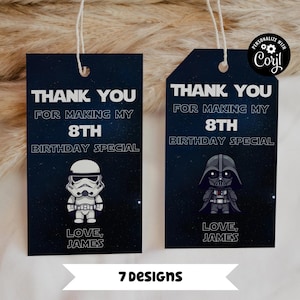 Etiquetas de regalo de cumpleaños de Star Wars editables, plantillas imprimibles, etiquetas de fiesta de cumpleaños, etiquetas digitales de agradecimiento para fiestas infantiles, etiquetas de cumpleaños de Star Wars SW1