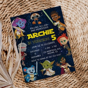 May include: A blue and black invitation card with a Star Wars theme. The card features cartoon characters from the Star Wars universe, including Yoda, a droid, and a young girl. The text on the card reads "Calling all Jedi and Princesses Archie is turning 5. Join us to celebrate Saturday, December 12, 11 AM - 2 PM, 251 Montreal Ave, Regina, CA. RSVP to Emma at 987-123-4567."
