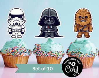 Modelo de topper de cupcake de aniversário de Star Wars editável para impressão, toppers de festa de aniversário, modelo digital de topper de bolo para festa infantil, topper de aniversário sw1