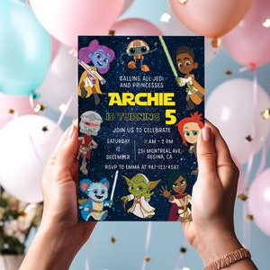May include: A Star Wars themed birthday invitation for a boy turning five. The invitation features a blue background with stars and various Star Wars characters, including Yoda, a droid, and a young girl with purple hair. The text on the invitation reads "Calling all Jedi and Princesses Archie is turning 5 Join us to celebrate Saturday 12 December 11 AM - 2 PM 251 Montreal Ave, Regina, CA RSVP to Emma at 987-123-4567".