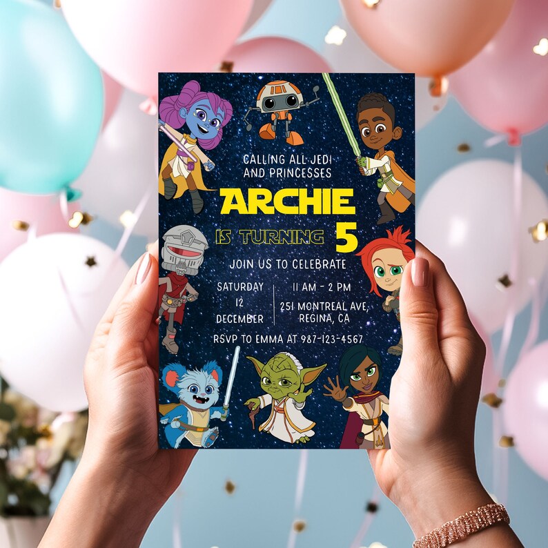 May include: A Star Wars themed birthday invitation for a boy turning five. The invitation features a blue background with stars and various Star Wars characters, including Yoda, a droid, and a young girl with purple hair. The text on the invitation reads "Calling all Jedi and Princesses Archie is turning 5 Join us to celebrate Saturday 12 December 11 AM - 2 PM 251 Montreal Ave, Regina, CA RSVP to Emma at 987-123-4567".