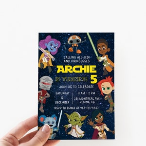 May include: A Star Wars themed birthday invitation for a child turning five. The invitation features a blue and black background with stars and cartoon characters from Star Wars. The text on the invitation reads "Calling all Jedi and Princesses Archie is turning 5. Join us to celebrate Saturday, December 12, 11 AM - 2 PM, 251 Montreal Ave, Regina, CA. RSVP to Emma at 987-123-4567."