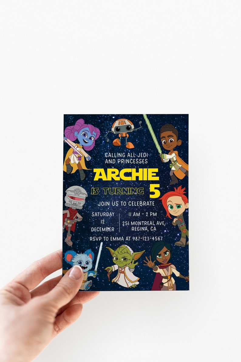 May include: A Star Wars themed birthday invitation for a child turning five. The invitation features a blue and black background with stars and cartoon characters from Star Wars. The text on the invitation reads "Calling all Jedi and Princesses Archie is turning 5. Join us to celebrate Saturday, December 12, 11 AM - 2 PM, 251 Montreal Ave, Regina, CA. RSVP to Emma at 987-123-4567."
