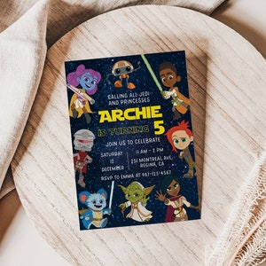 May include: A blue and yellow birthday invitation with a Star Wars theme. The invitation features a group of cartoon characters, including a blue alien, a droid, a young boy, a girl with red hair, a green alien, and a girl with brown hair. The text on the invitation reads "Calling all Jedi and Princesses Archie is turning 5 Join us to celebrate Saturday 12 December 11 AM - 2 PM 251 Montreal Ave, Regina, CA RSVP to Emma at 987-123-4567"