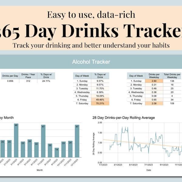 Drink Tracker Spreadsheet Template | Google Sheets Alcohol Log | Alcohol Tracker | Personal Habits and Wellness