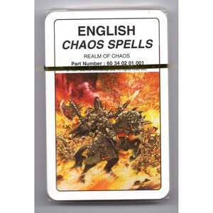 May include: A deck of cards titled "ENGLISH CHAOS SPELLS" with an illustration of a warrior on horseback in a fiery scene. The text "REALM OF CHAOS" and a part number are also visible.