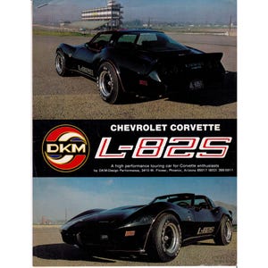 May include: Black Chevrolet Corvette L-82S sports car. The image shows the car from multiple angles, including the front, side, and rear. The car has a sleek design with the text "L-82S" on the side. The image also includes the text "Chevrolet Corvette" and "DKM".