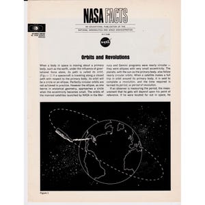 May include: A vintage NASA Facts educational publication about orbits and revolutions. The black and white illustration shows a spacecraft's path around Earth. The text includes information on orbital mechanics and the Mercury and Gemini programs.