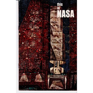 May include: A vintage NASA poster featuring a detailed illustration of a rocket and launch structure. The poster has a retro aesthetic with the words "this is NASA" in white. The color palette includes red, blue, and brown tones.