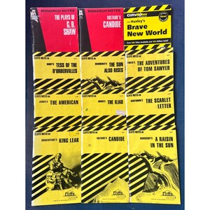 May include: A collection of 10 paperback books with yellow and black striped covers. The books are Cliffs Notes study guides for classic literature titles such as "The Adventures of Tom Sawyer", "The Scarlet Letter", "King Lear", and "Candide".