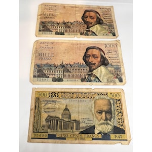 Vintage Banque De France 1000 & 500 Francs Banknotes Collectible Currency 1950s