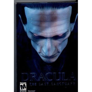 May include: A video game box cover featuring a close-up of Dracula's face. The background is dark blue and the text "Dracula: The Last Sanctuary" is visible at the bottom of the box. The game is rated "M" for Mature by the ESRB.