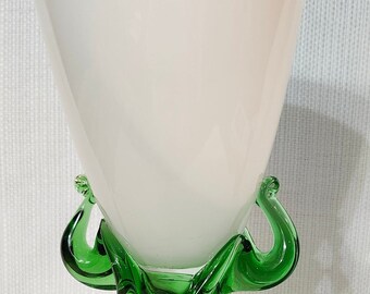 Rare Vintage Hand Blown Green and Opaline Goblet/Vase Art Glass Excellent Condition