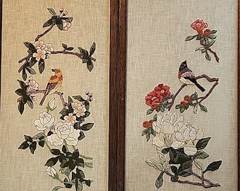 Vintage Framed Crewel Embroidered Floral and Bird Pictures 11.5"W x 28"T Screen Panels Excellent Condition