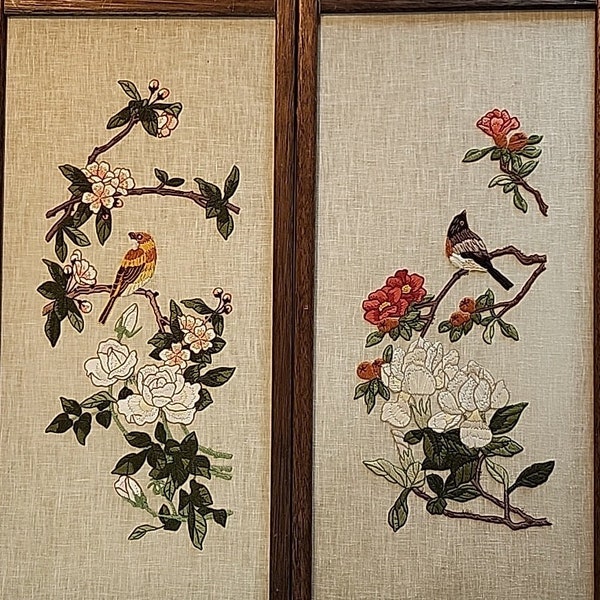 Vintage Framed Crewel Embroidered Floral and Bird Pictures 11.5"W x 28"T Screen Panels Excellent Condition