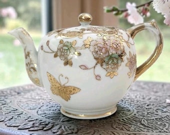 Antique Nippon Teapot Nagoya Shofu Porcelain Teapot Moriage, Flowers & Gold Butterfly