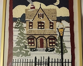 Vintage 1980's Victorian House Snowy Winter Scene Crewel Finished and Framed 21" Tall Excellent Condition