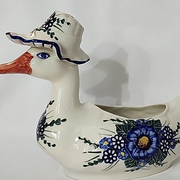 Rare Boleslawiec Polish Pottery 7" Tall Floral Goose Planter Unikat Signed G. Kras Excellent Condition