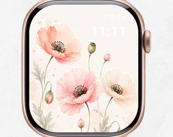 Pink Poppy Apple Watch Wallpaper, Watercolor Floral Watch Face |Digital download