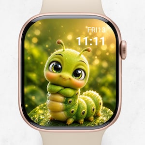 Kawaii-Zifferblatt mit grüner Raupe für Apple Watch | Niedliches Natur-Hintergrundbild | Digitaler Download