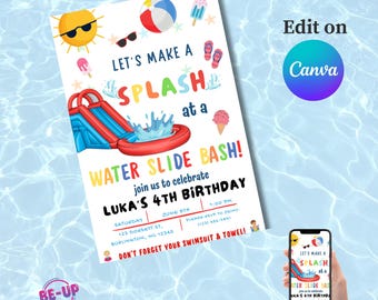 Schlüpfen Sie in den Spaß! Einladung zur Wasserrutsche-Geburtstagsfeier|Spaß unter der Sonne! Wasserrutsche-Party-Einladung|Spaß in der Sonne!