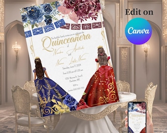Bearbeitbare Einladung rot und blau bordeauxrote Zwillinge florales Misquitte|Prinzessinnen rotes und blaues Kleid| 15 Jahre alte Zwillinge | XV Jahre| Quinceanera