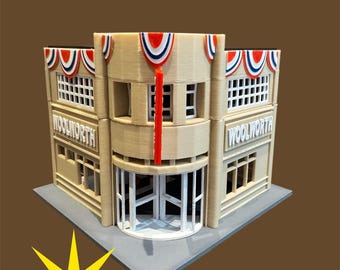Edificio esquinero "Woolworth de los años 40" a escala O con accesorios
