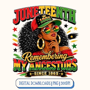 Könnte beinhalten: Eine grafische Illustration einer Person mit lockigem Haar, die eine Kappe mit 1865, eine Sonnenbrille und goldene Creolen trägt. Der Text lautet JUNETEENTH REMEMBERING MY ANCESTORS SINCE 1865 in den Farben Rot, Gelb, Grün und Schwarz.
