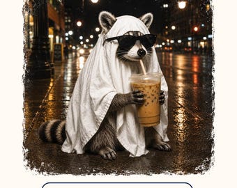 Funny Ghost Raccoon PNG, Halloween Raccoon PNG, Spooky Trash Panda Clipart, Cute Ghost Drinking Iced Coffee, Sublimation PNG