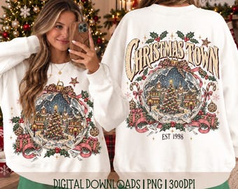 Christmas Town PNG, Snow Globe Christmas PNG, Vintage Christmas Shirt, Christmas Village PNG, Leopard Bow Sublimation, Digital Download