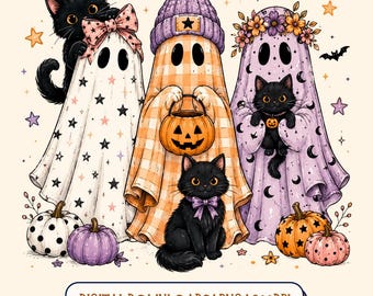 Ghost Cat Halloween PNG, Cute Black Cat Ghost PNG, Spooky Season Sublimation, Coquette Halloween Design, Pastel Ghost PNG, Digital Download