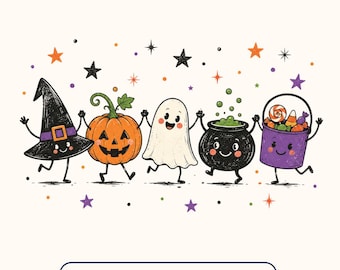 Cute Halloween Friends PNG Bundle, Kawaii Halloween PNG, Ghost Pumpkin Witch Hat Clipart, Trick Or Treat PNG, Sublimation Design