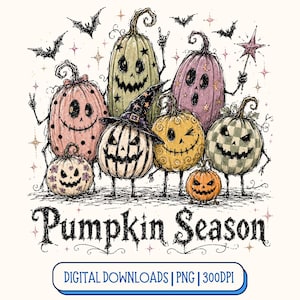 Puede incluir: Una ilustración digital que muestra siete calabazas antropomórficas con diversas expresiones, patrones y colores, incluyendo un sombrero de bruja, murciélagos y estrellas. El texto "Pumpkin Season" aparece debajo, seguido de "DIGITAL DOWNLOADS | PNG | 300DPI".