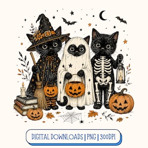 May include: An illustration of three black kittens dressed for Halloween. One wears a witch hat and holds a broom, one is a ghost with a star-patterned sheet, and one wears a skeleton suit holding a lantern. Includes pumpkins, books, and text: DIGITAL DOWNLOADS | PNG | 300DPI.