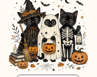 Halloween Black Cat PNG Bundle, Cute Spooky Cat PNG, Ghost Cat Halloween Clipart, Witch Cat PNG, Trick Or Treat Sublimation