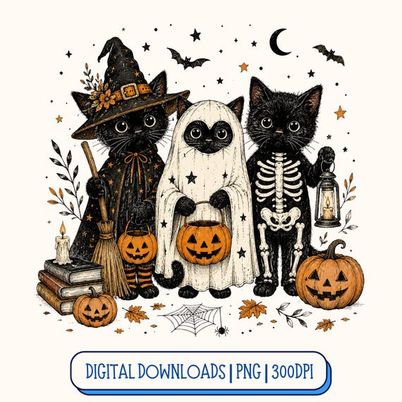 Halloween Black Cat PNG Bundle, Cute Spooky Cat PNG, Ghost Cat Halloween Clipart, Witch Cat PNG, Trick Or Treat Sublimation